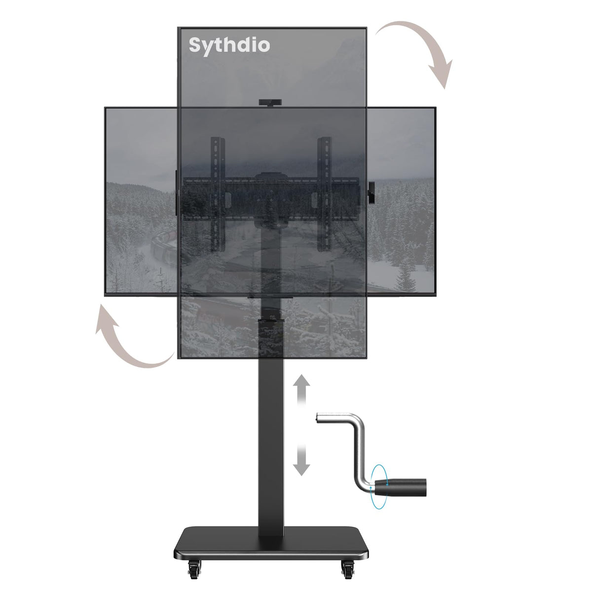 Mobile TV Stand on Wheels with 90° Swivel, Hand Crank Adjustable Height, for 42 to 75 inch TVs up to 110 lbs (Black) J615273