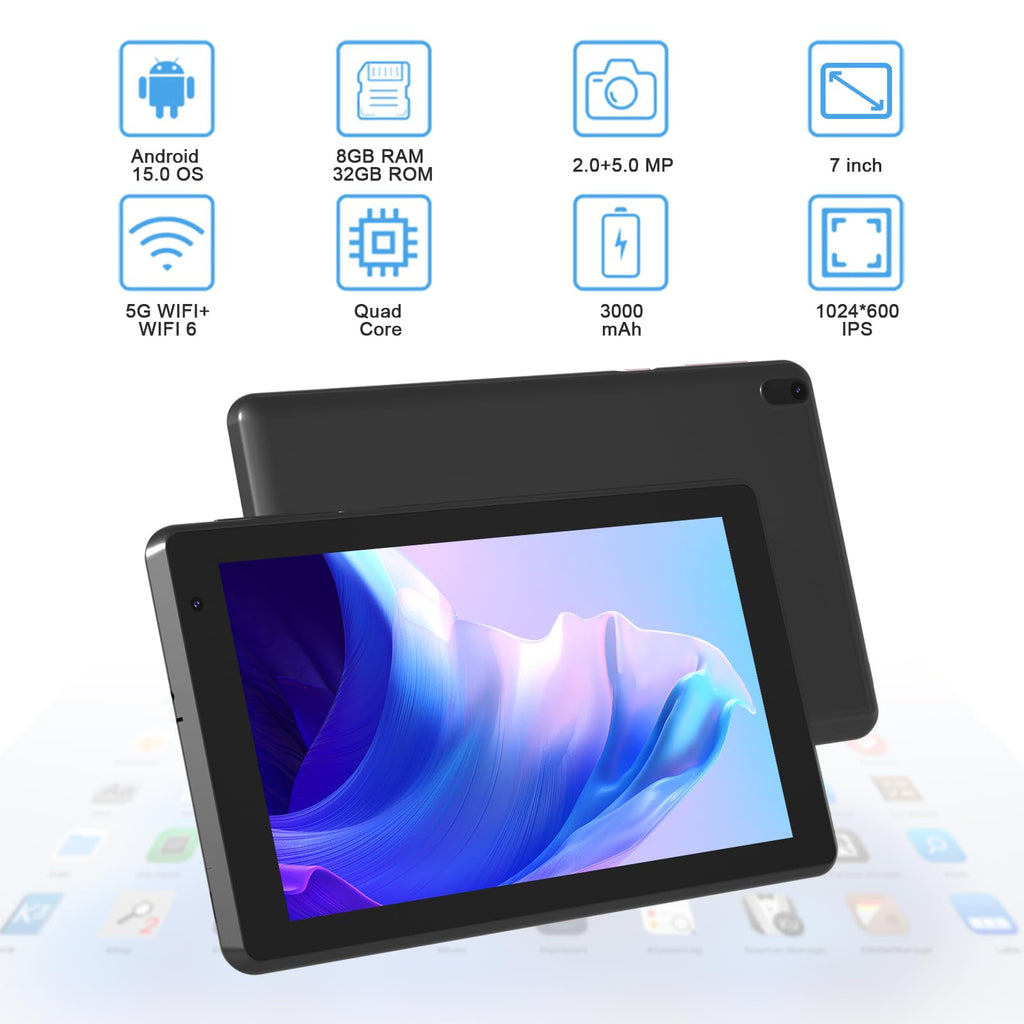 Android 15 Tablet 7 inch 8GB RAM 32GB ROM Black L40409
