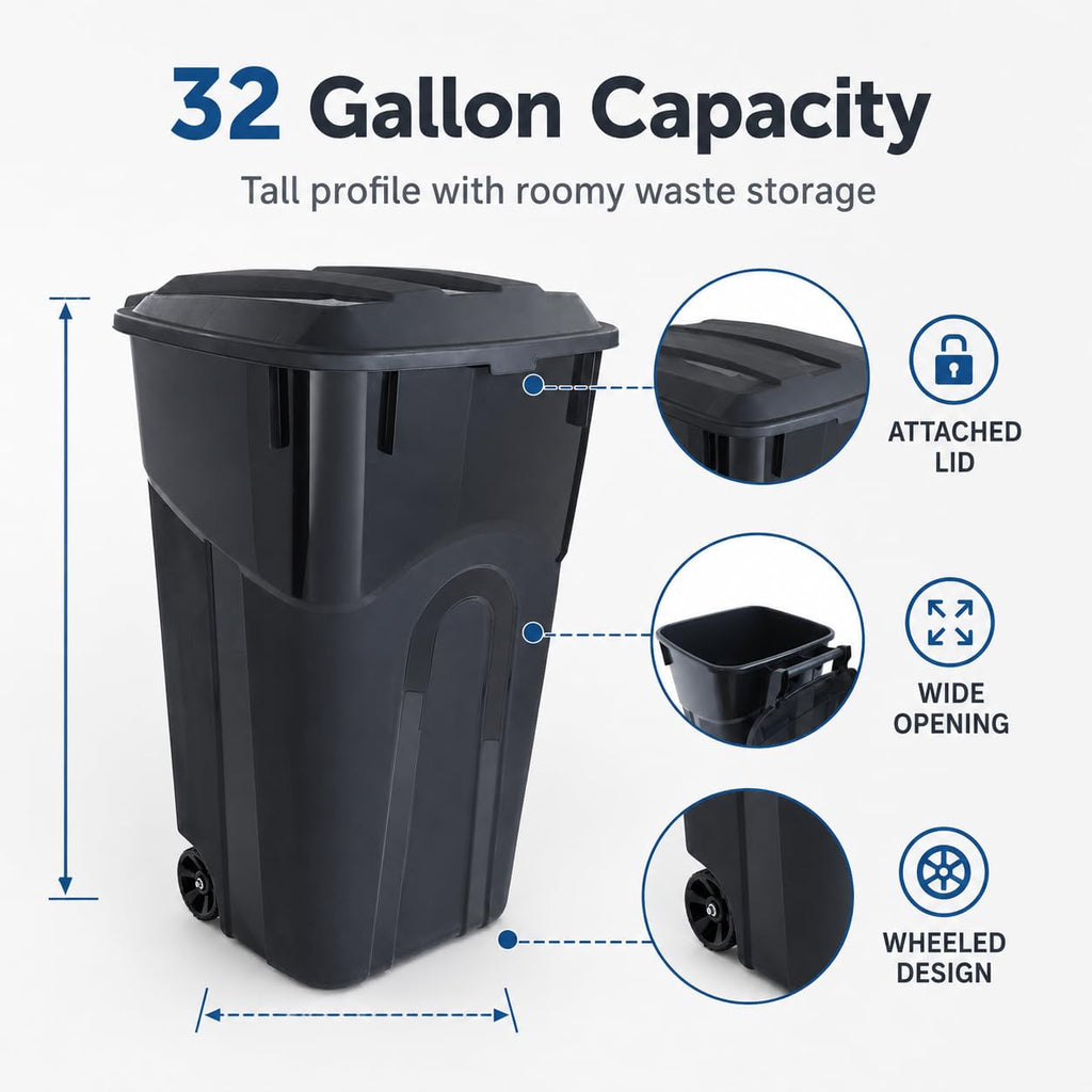 32-Gallon Heavy-Duty Wheeled Trash Can with Click-Lock Lid E828
