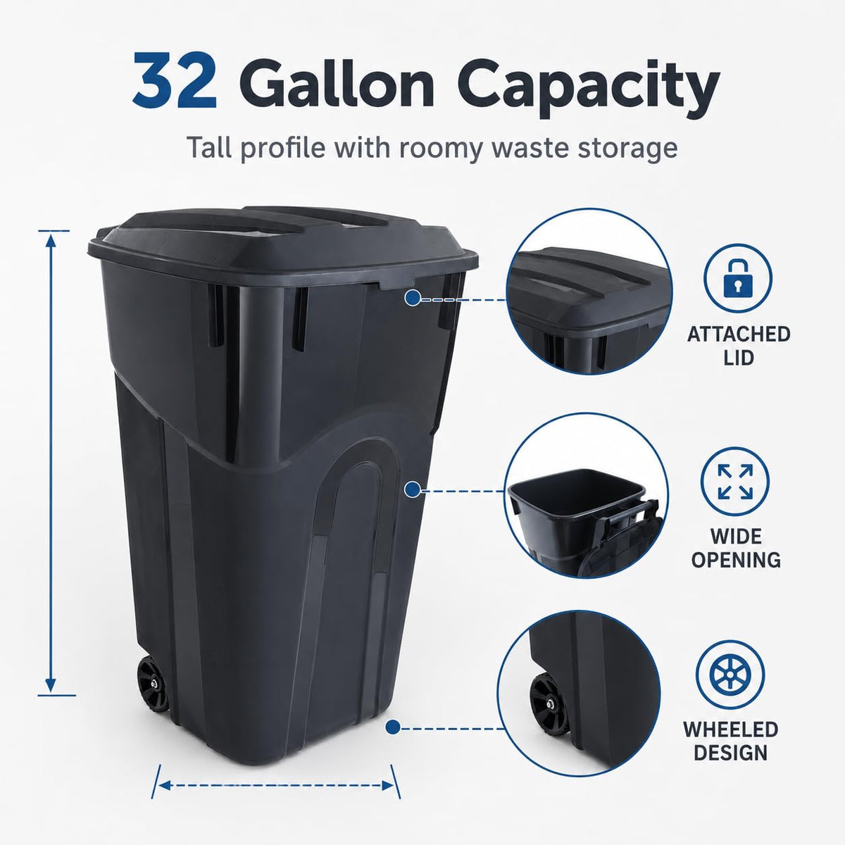 32-Gallon Heavy-Duty Wheeled Trash Can with Click-Lock Lid E828