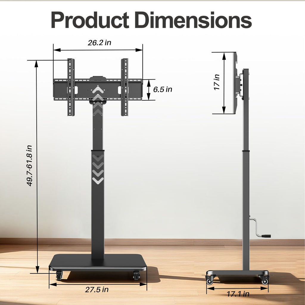 Mobile TV Stand on Wheels with 90° Swivel, Hand Crank Adjustable Height, for 42 to 75 inch TVs up to 110 lbs (Black) J615273