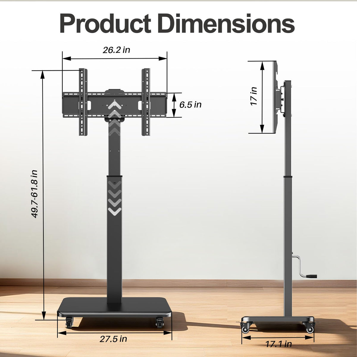 Mobile TV Stand on Wheels with 90° Swivel, Hand Crank Adjustable Height, for 42 to 75 inch TVs up to 110 lbs (Black) J615273