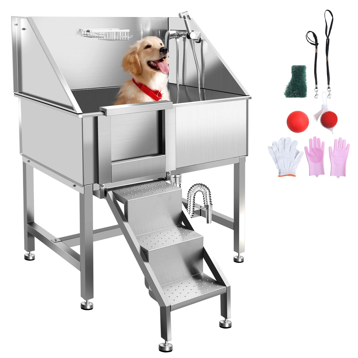 38" Stainless Steel Dog Washing Station with Stairs, Drain & Door G514