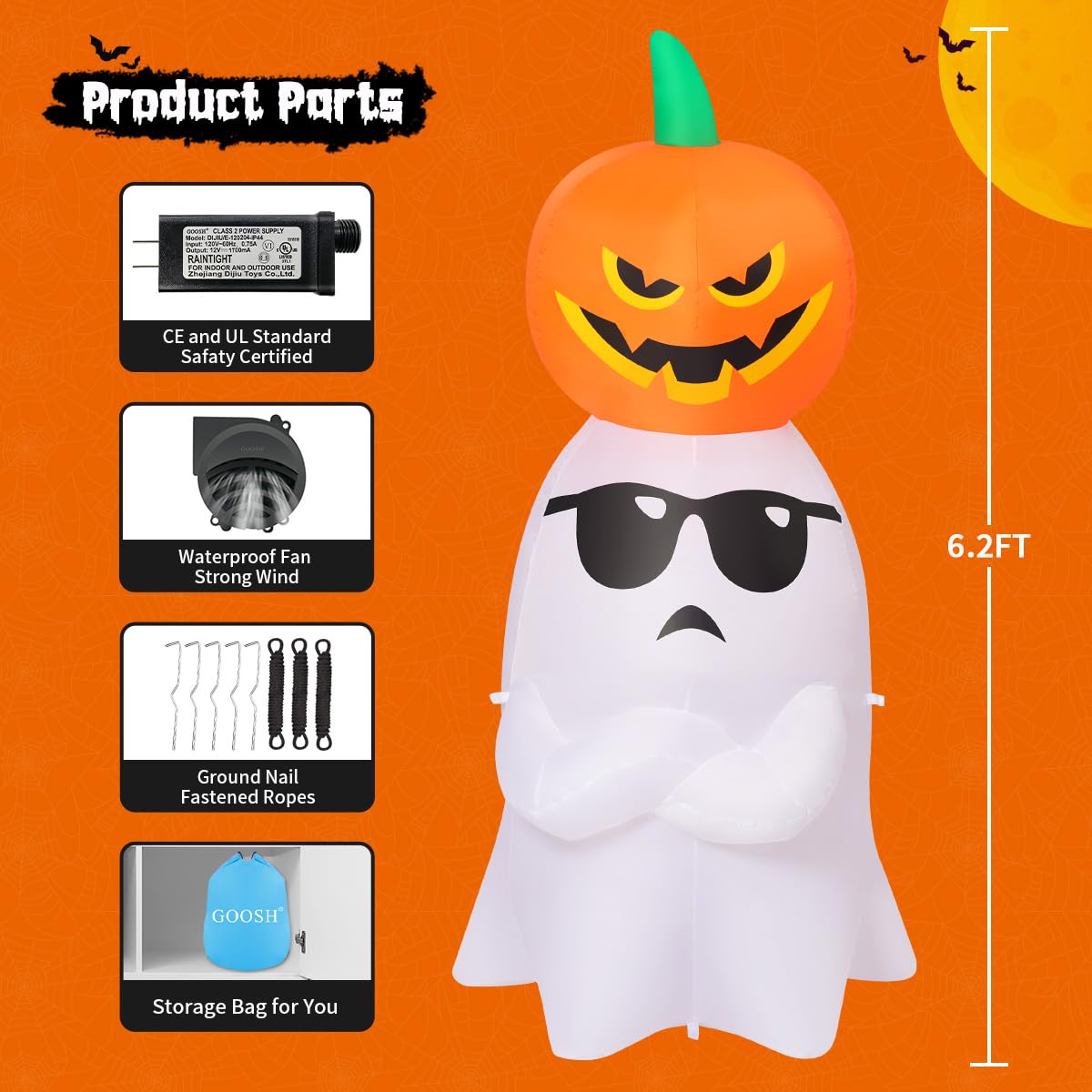 6.2 FT Halloween Inflatables Ghost with Pumpkin D48697