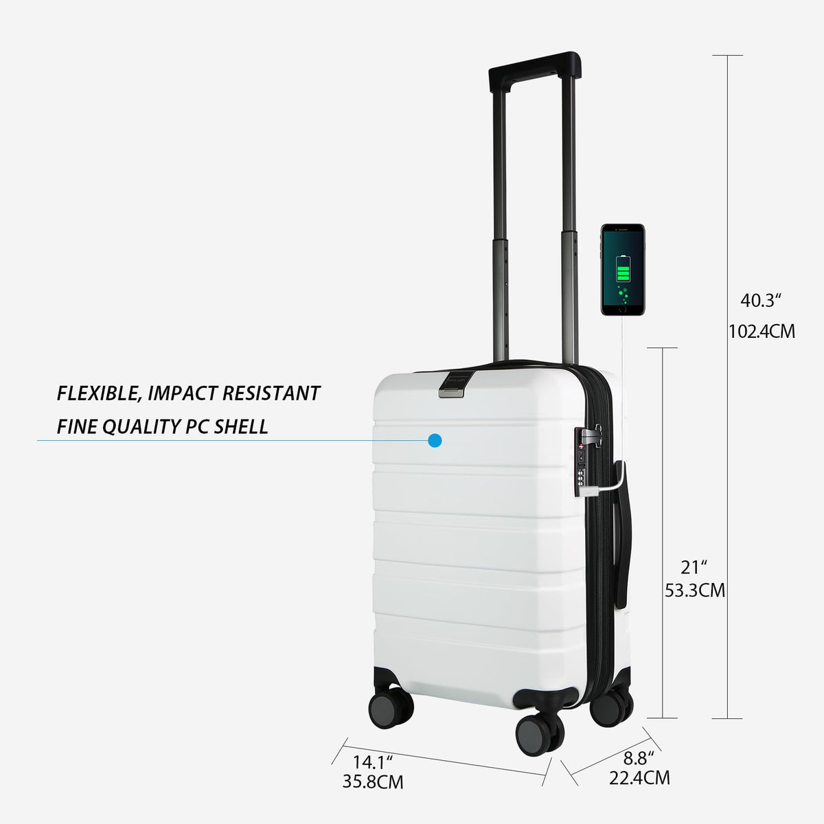 Hardside Expandable Carry On Luggage with Spinner Wheels, TSA Lock, USB Port, 20-Inch, White F198