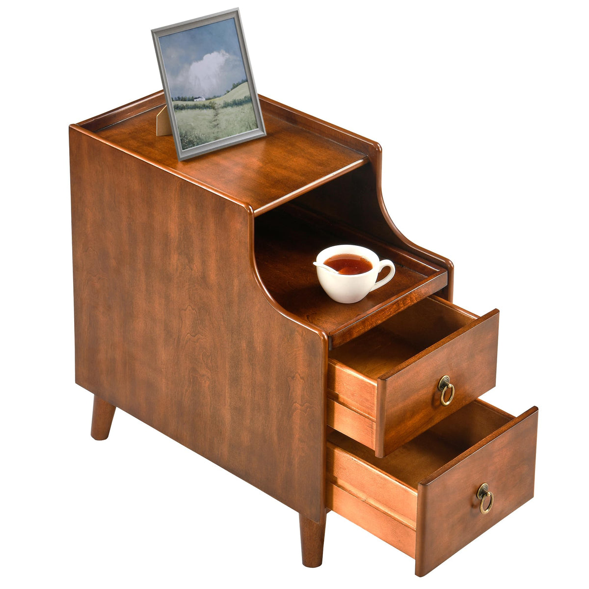 Solid Wood Narrow Nightstand with 2 Drawers O872