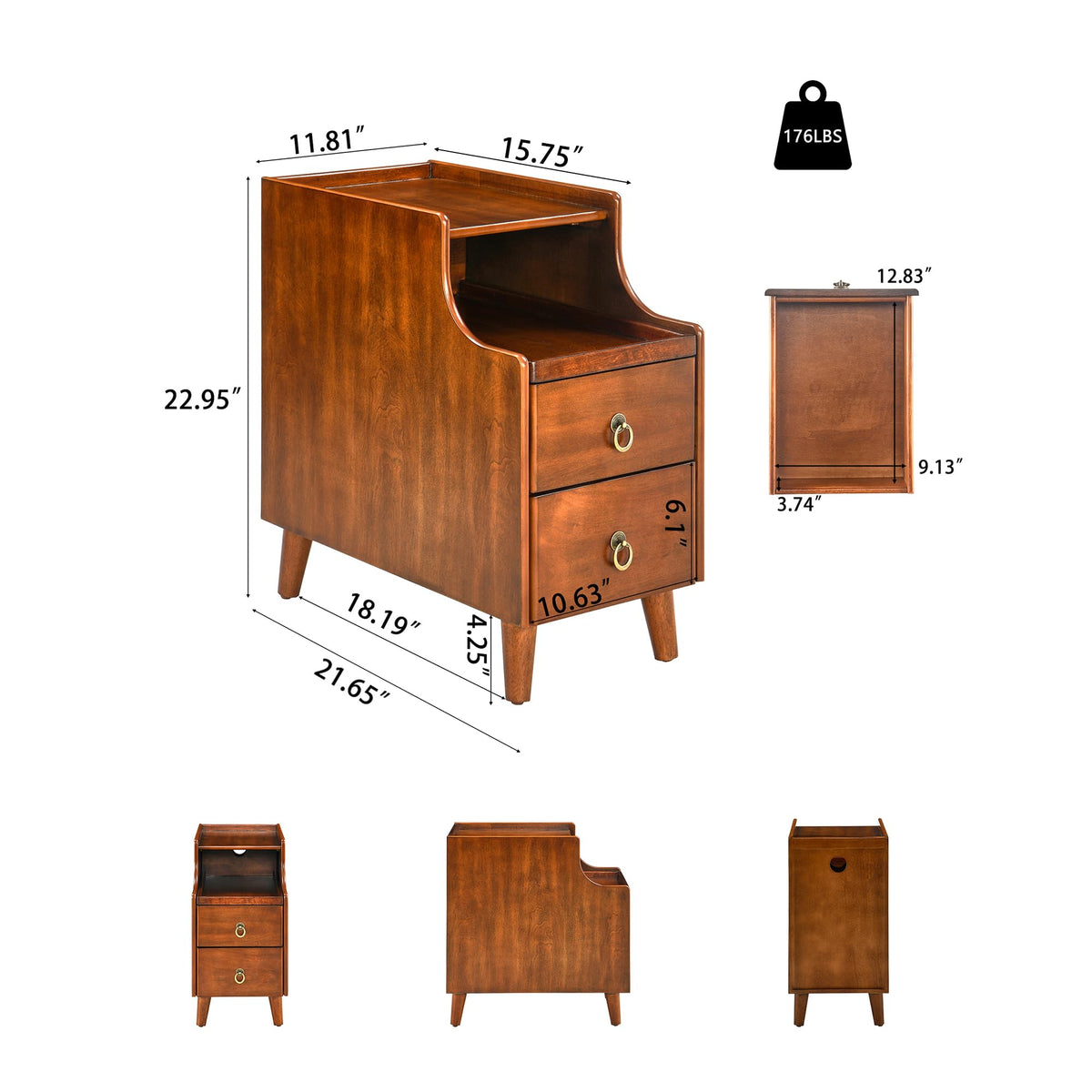 Solid Wood Narrow Nightstand with 2 Drawers O872