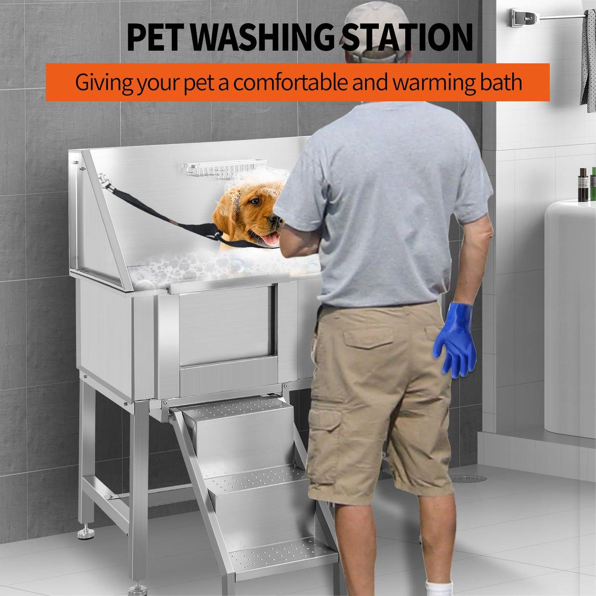 38" Stainless Steel Dog Washing Station with Stairs, Drain & Door G514