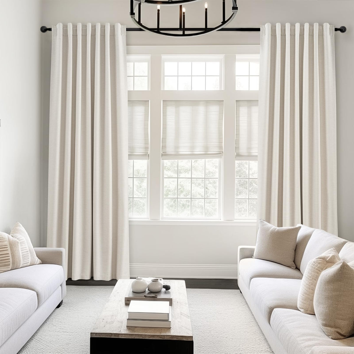 Cream Linen Blackout Curtains 84 Inch Pinch Pleat F7738