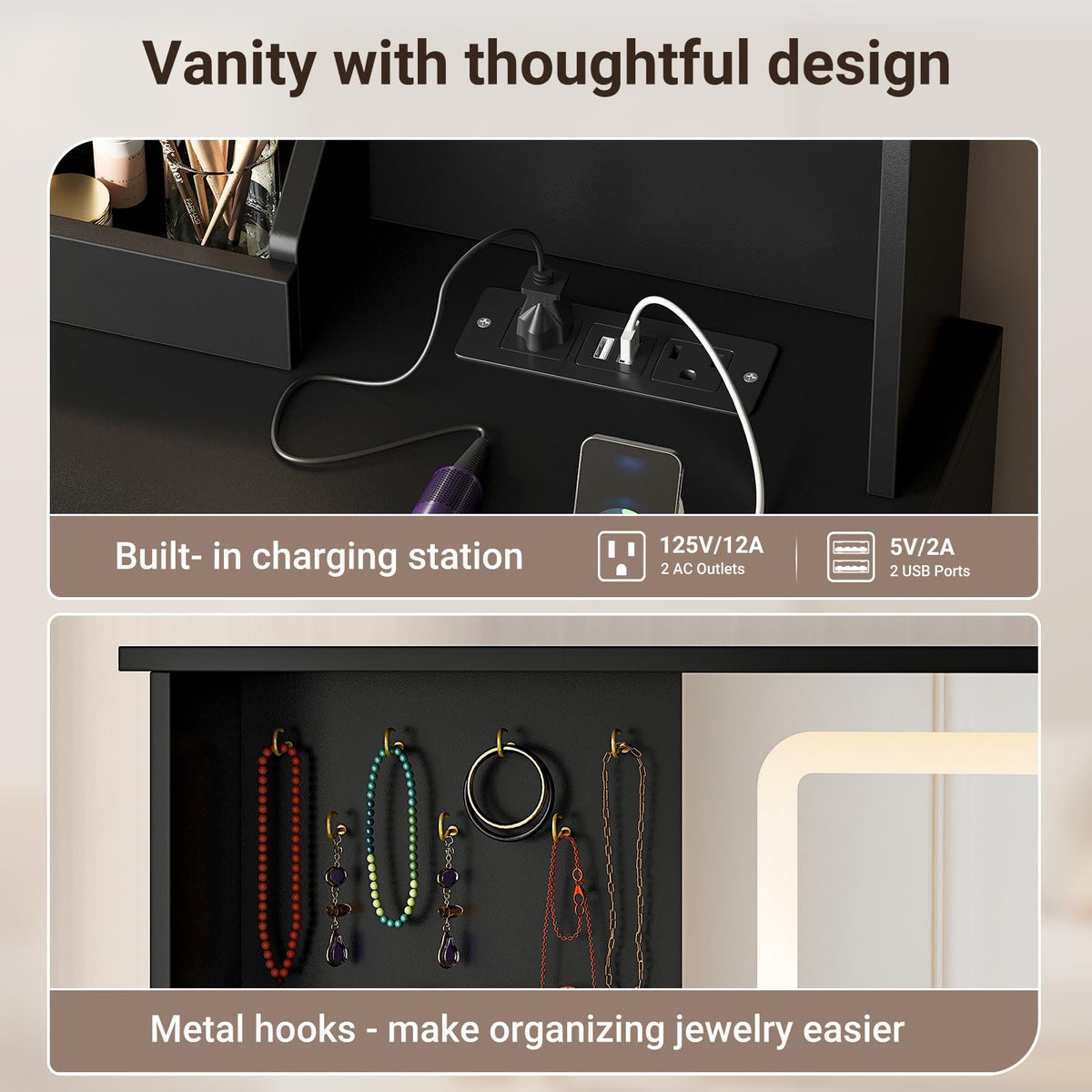 Black Makeup Vanity Desk with Mirror and Lights C3525