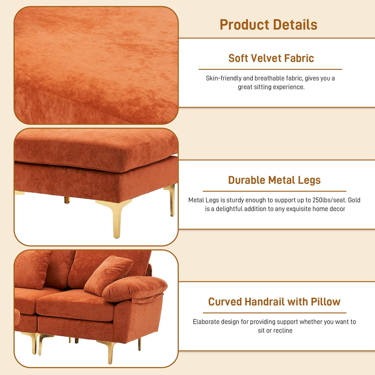 114" U-Shaped Velvet Sectional Couch with Ottoman O4419