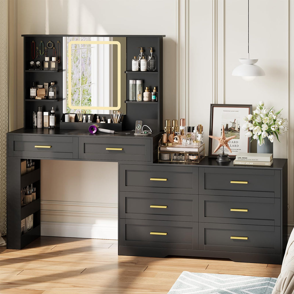 Black Makeup Vanity Desk with Mirror and Lights C3525