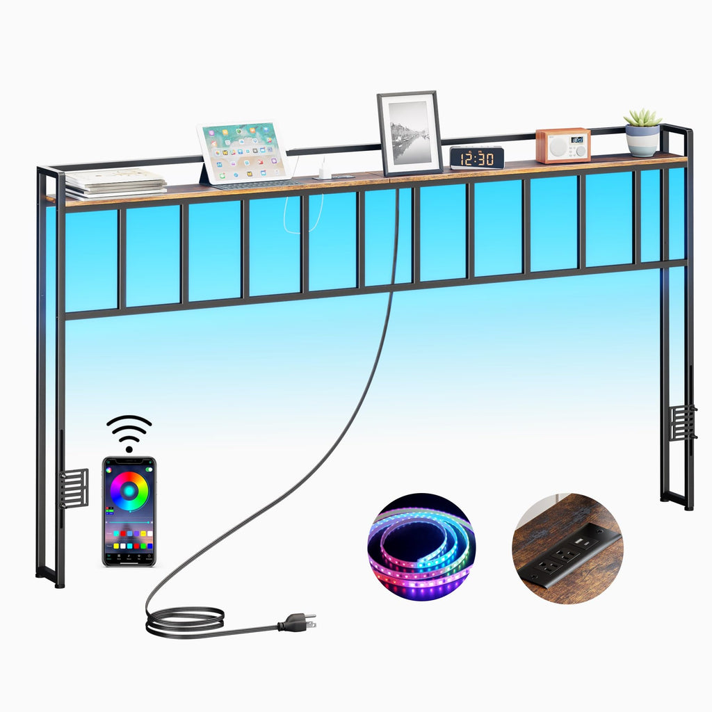 King Size Headboard with LED Light, Outlets and USB Ports, Storage Rack, Rustic Brown N70260