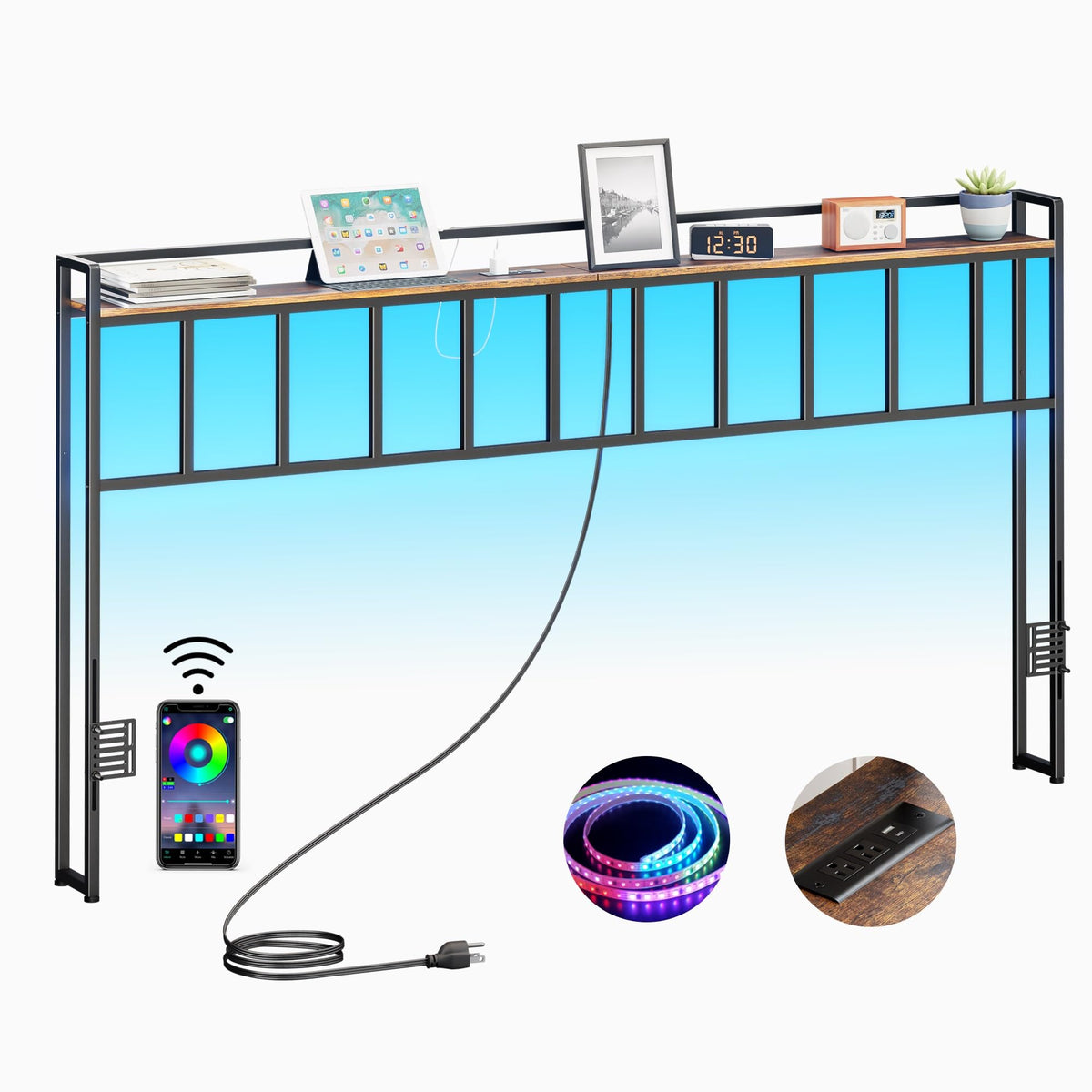 King Size Headboard with LED Light, Outlets and USB Ports, Storage Rack, Rustic Brown N70260