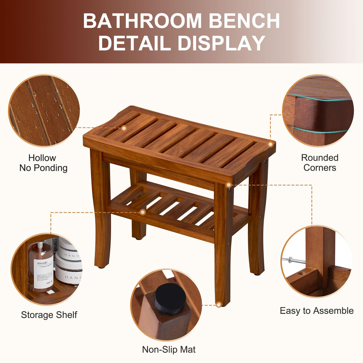 Teak Shower Bench Stool with Storage Shelf H709671