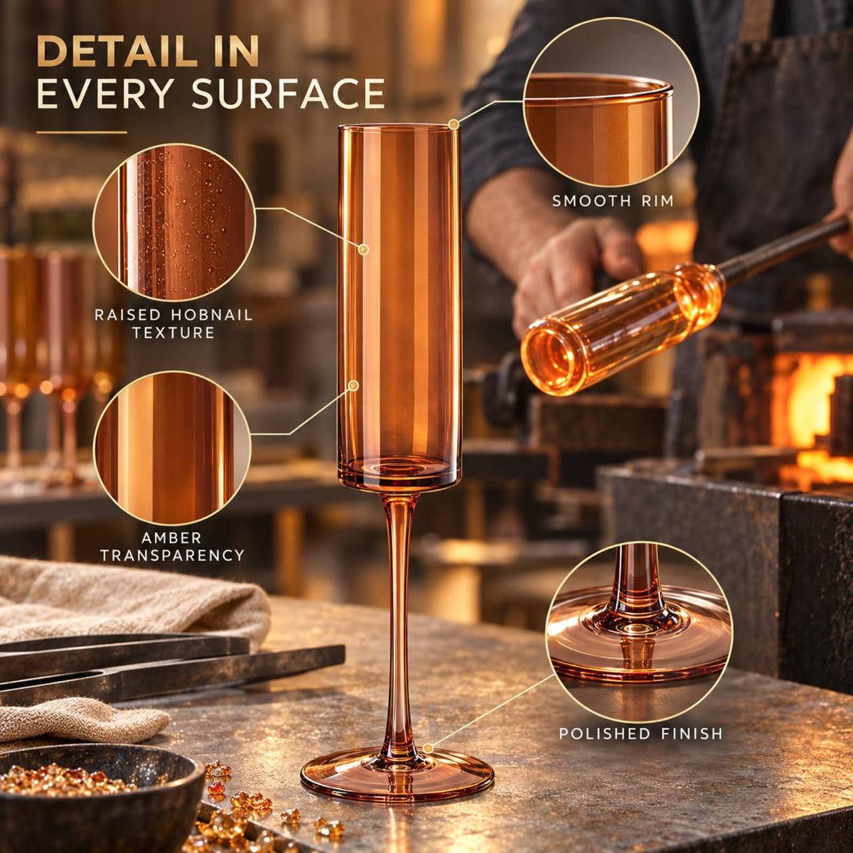 Set of 6 Amber Textured Glass Champagne Flute 6oz C208