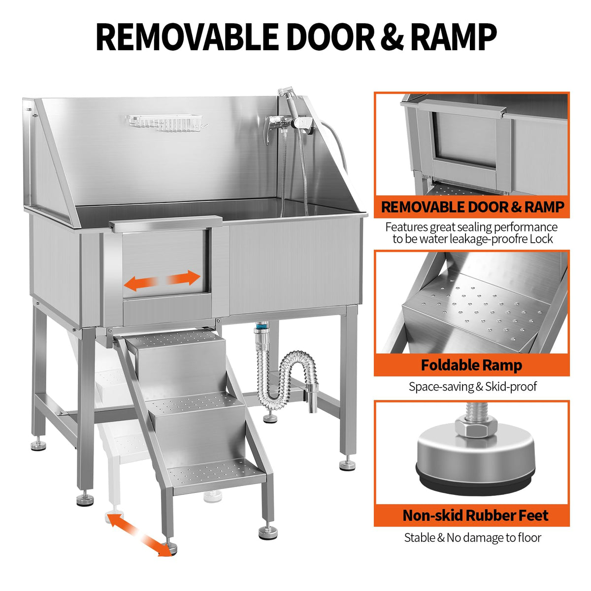 38" Stainless Steel Dog Washing Station with Stairs, Drain & Door G514