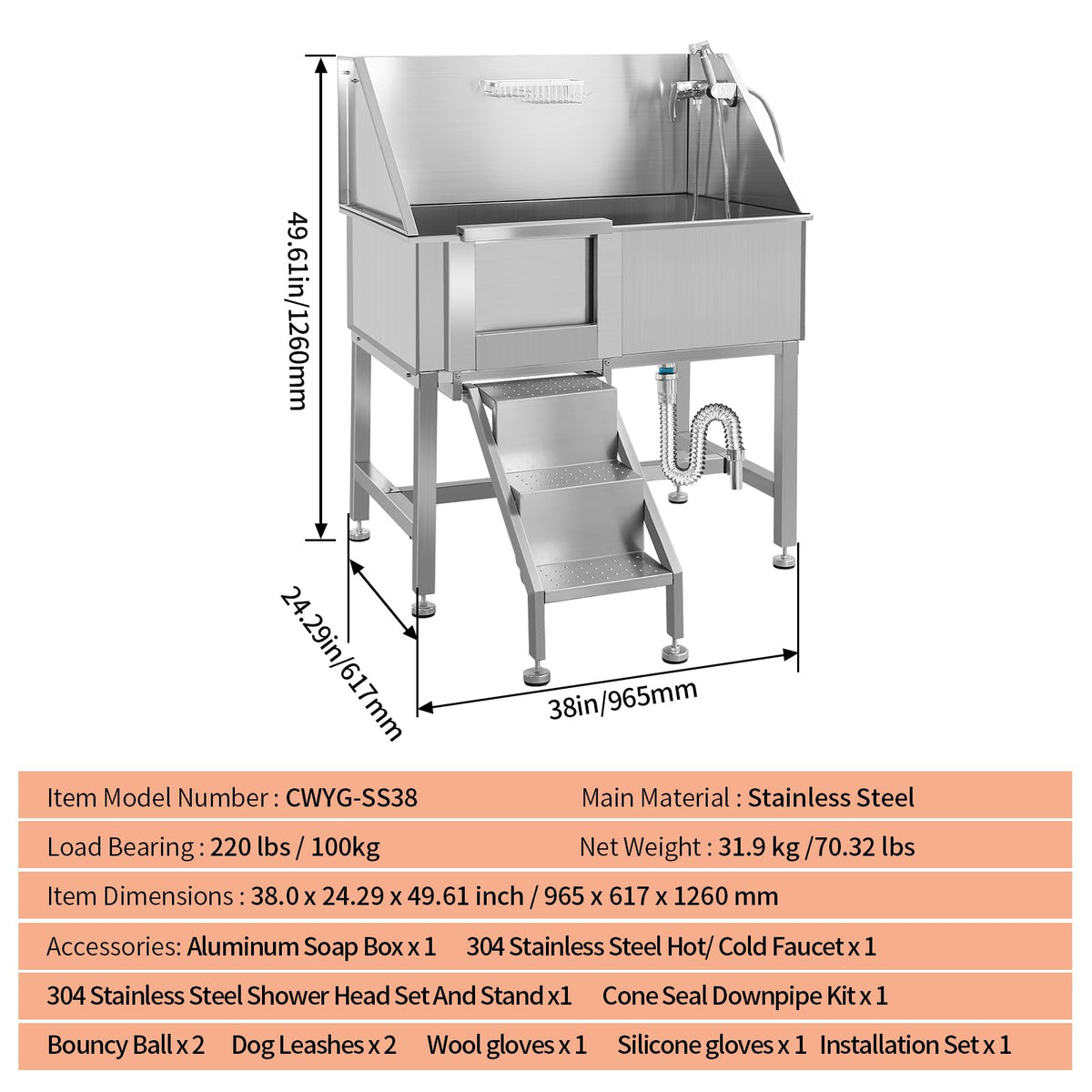 38" Stainless Steel Dog Washing Station with Stairs, Drain & Door G514