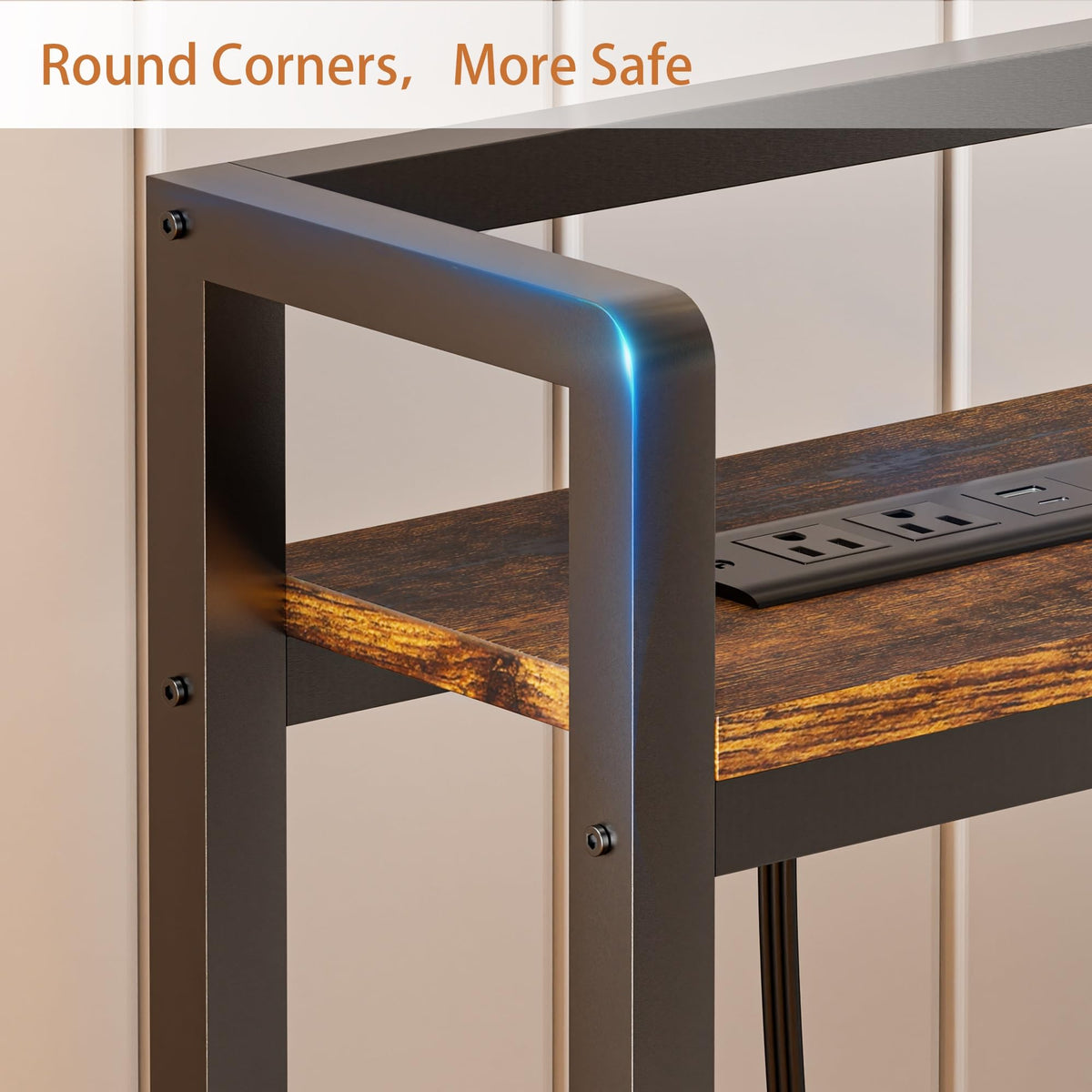 King Size Headboard with LED Light, Outlets and USB Ports, Storage Rack, Rustic Brown N70260