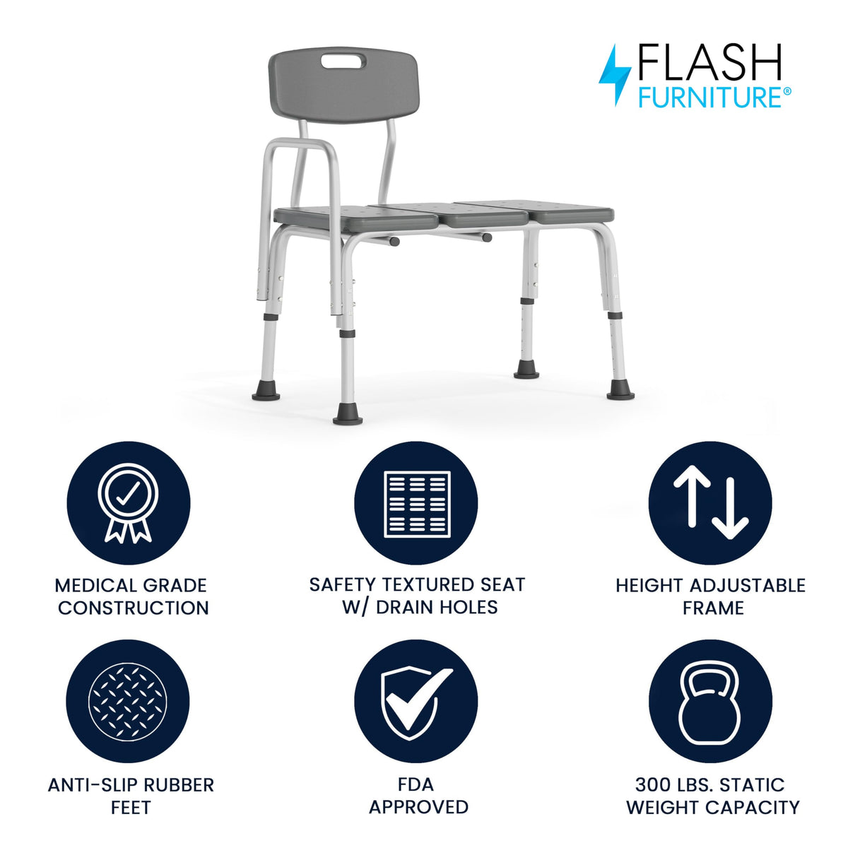 Adjustable Gray Bath & Shower Transfer Bench with Back and Side Arm J432