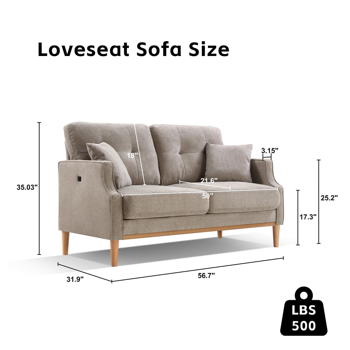 Light Grey Fabric Upholstered 2-Seat Loveseat Sofa with USB Port Y611