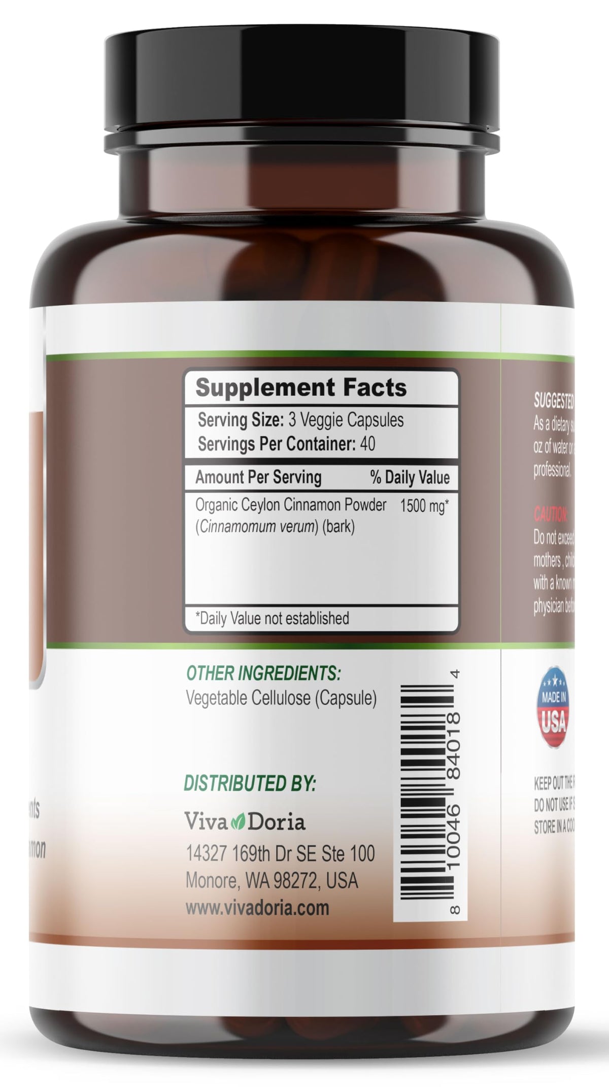 Ceylon Cinnamon 120 Veggie Capsules 1500mg Gelatin Free E41607