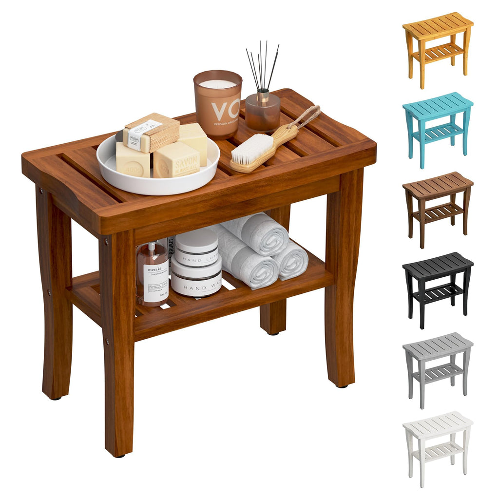 Teak Shower Bench Stool with Storage Shelf H709671