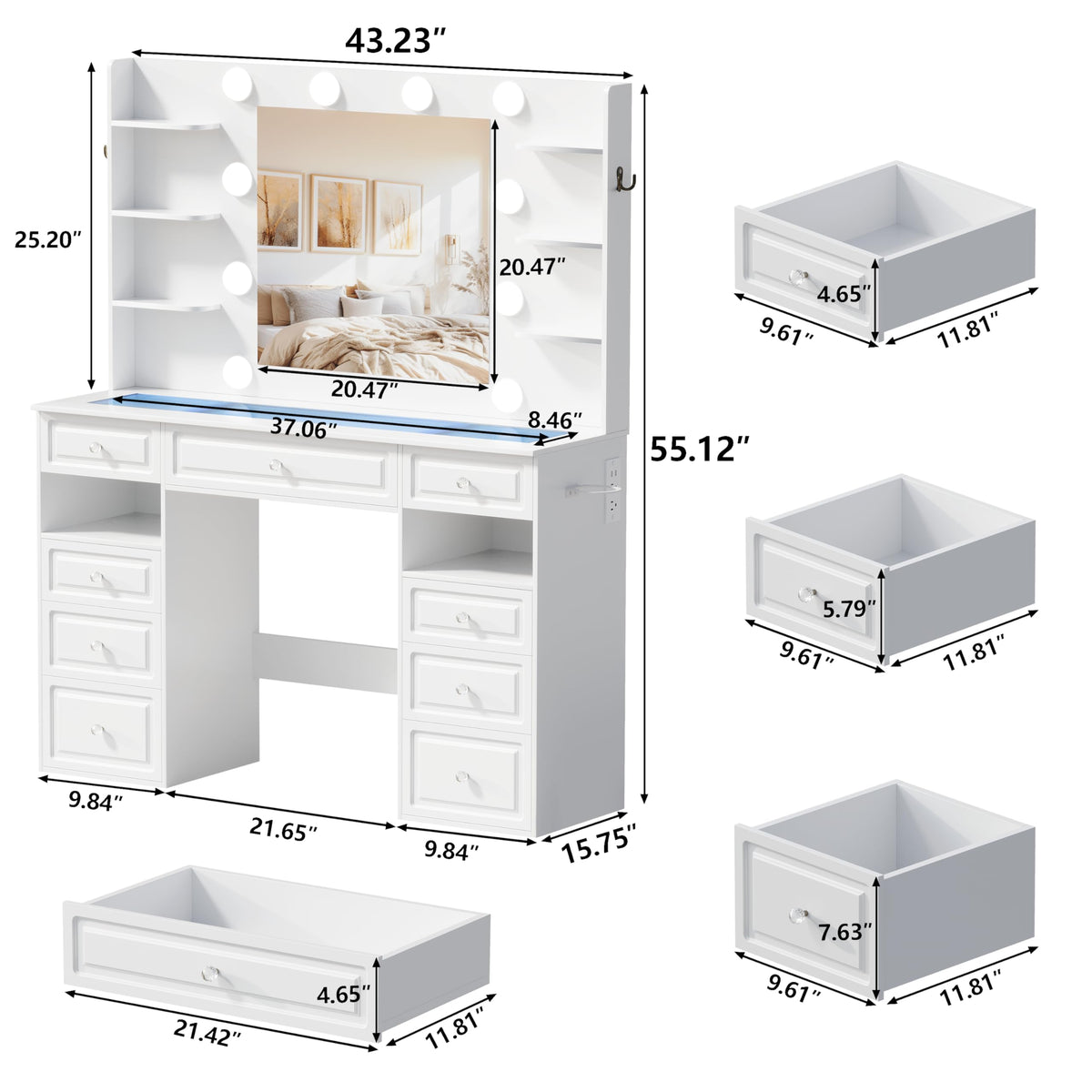 White Vanity Desk with Mirror and 10 LED Lights A2418