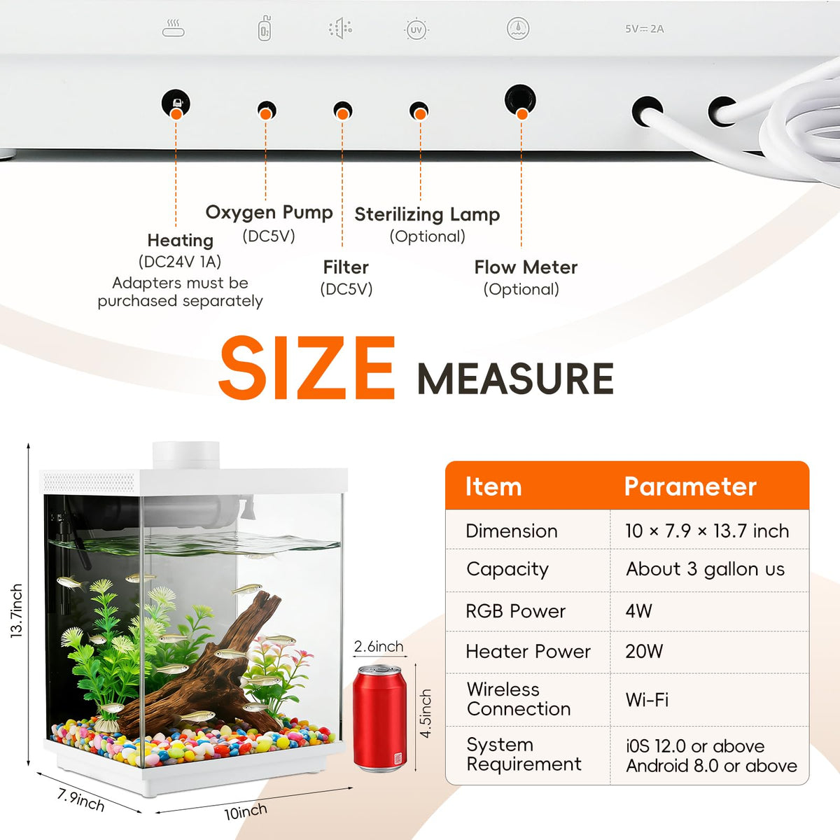 3 Gallon Glass Fish Tank Aquarium Kit with APP Control A9328
