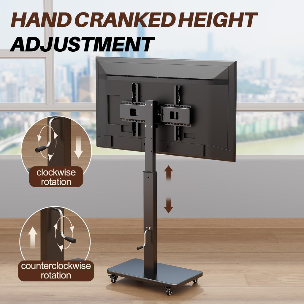 Mobile TV Stand on Wheels with 90° Swivel, Hand Crank Adjustable Height, for 42 to 75 inch TVs up to 110 lbs (Black) J615273