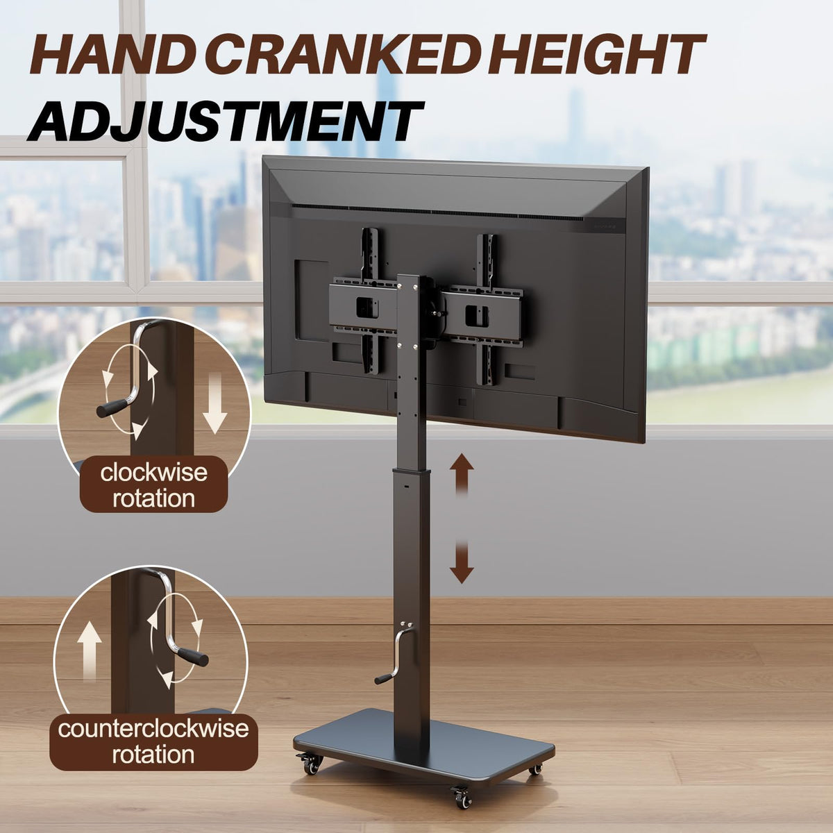 Mobile TV Stand on Wheels with 90° Swivel, Hand Crank Adjustable Height, for 42 to 75 inch TVs up to 110 lbs (Black) J615273