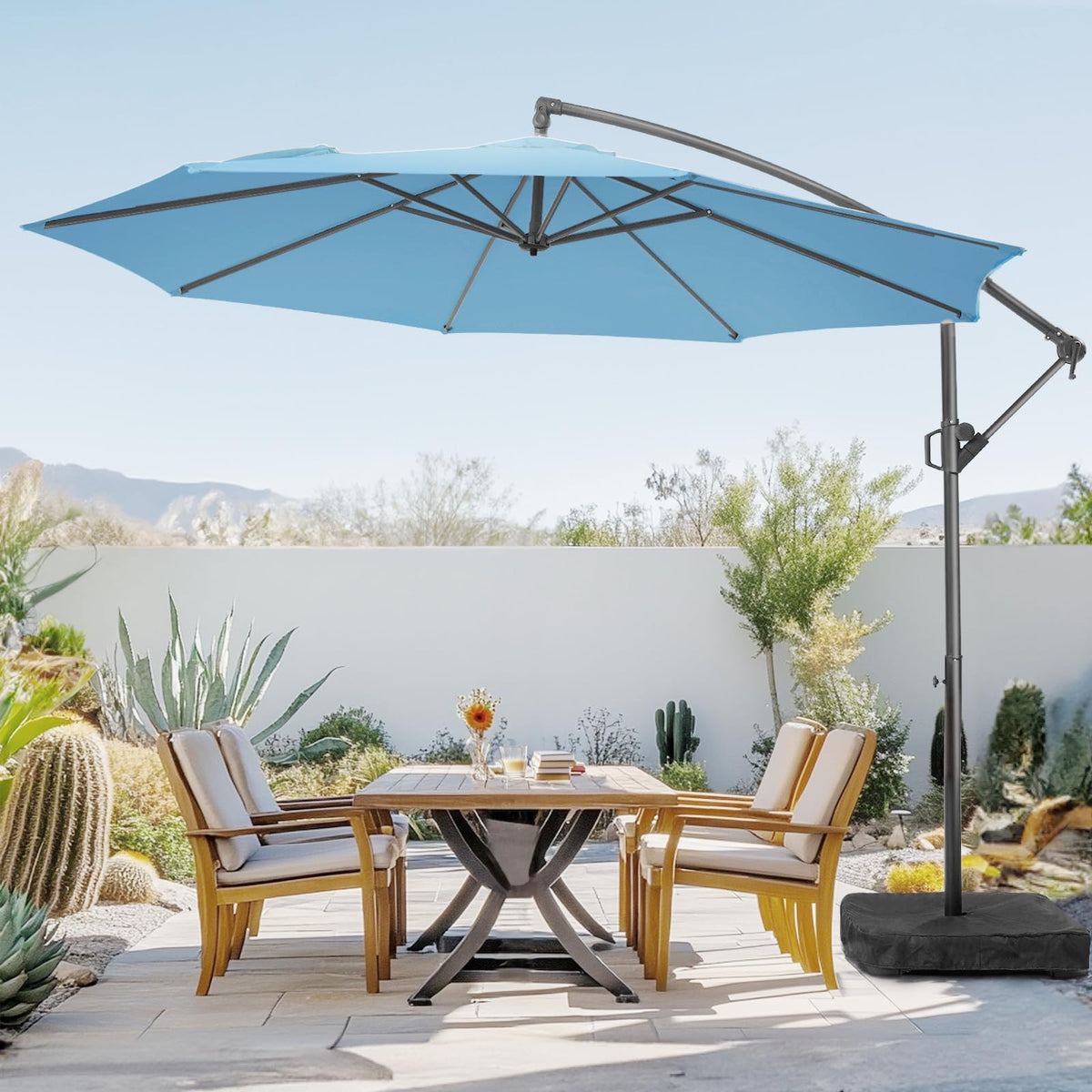 10ft Blue Offset Cantilever Patio Umbrella with Base W3221