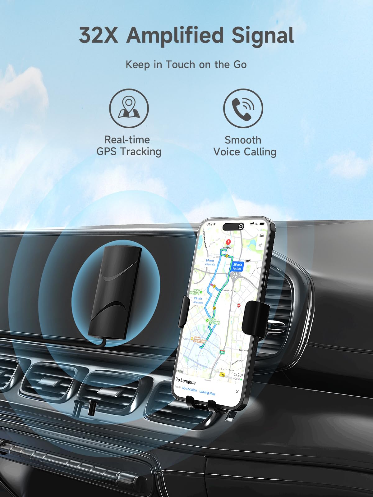 Vehicle Cell Phone Signal Booster with Omni-Directional Roof Antenna Grey T210