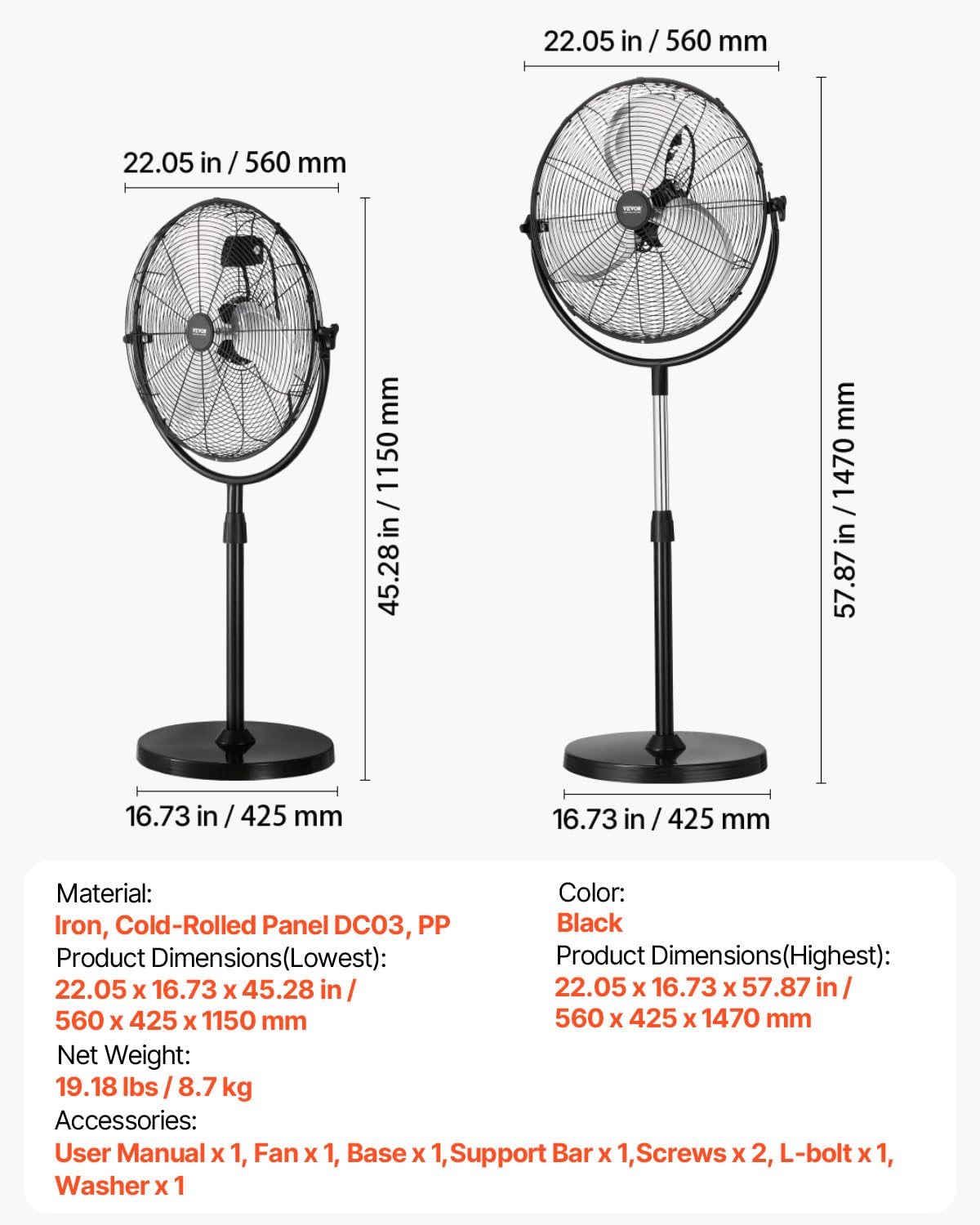 18 Inch Adjustable Height Standing Fan with 3 Speeds, Black F643780
