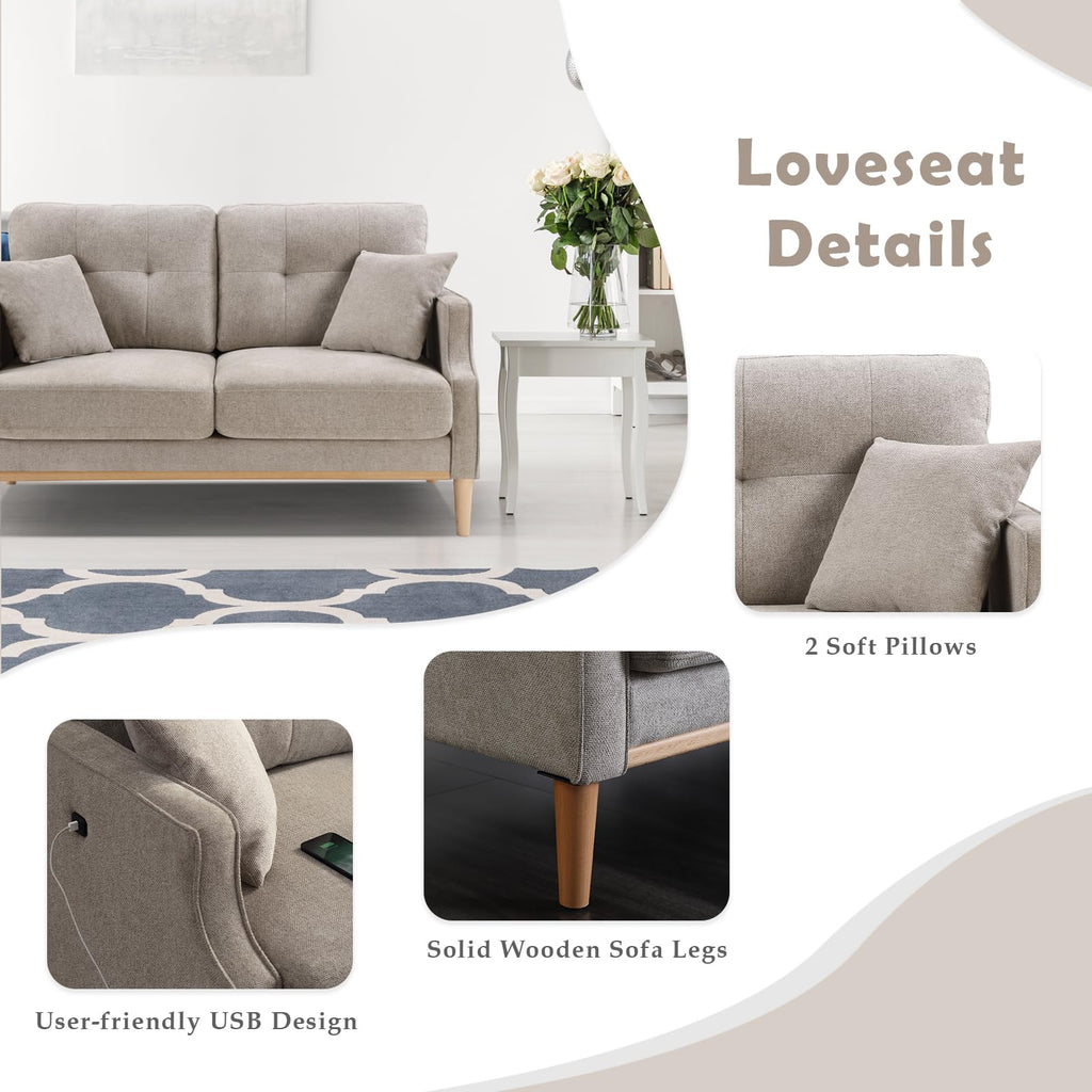 Light Grey Fabric Upholstered 2-Seat Loveseat Sofa with USB Port Y611