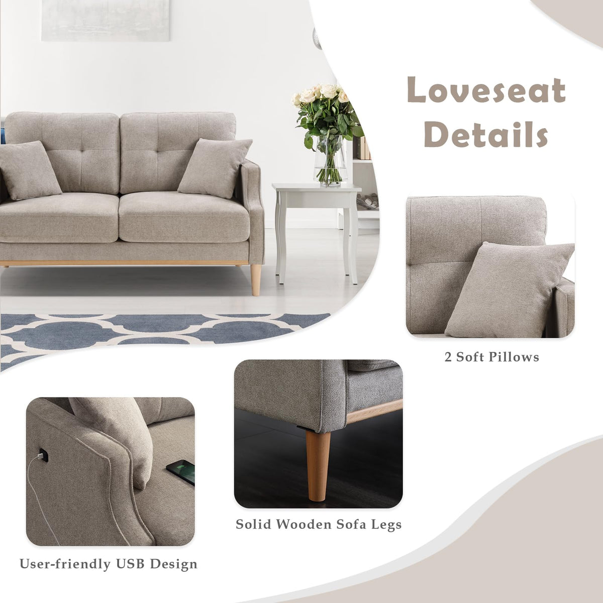 Light Grey Fabric Upholstered 2-Seat Loveseat Sofa with USB Port Y611