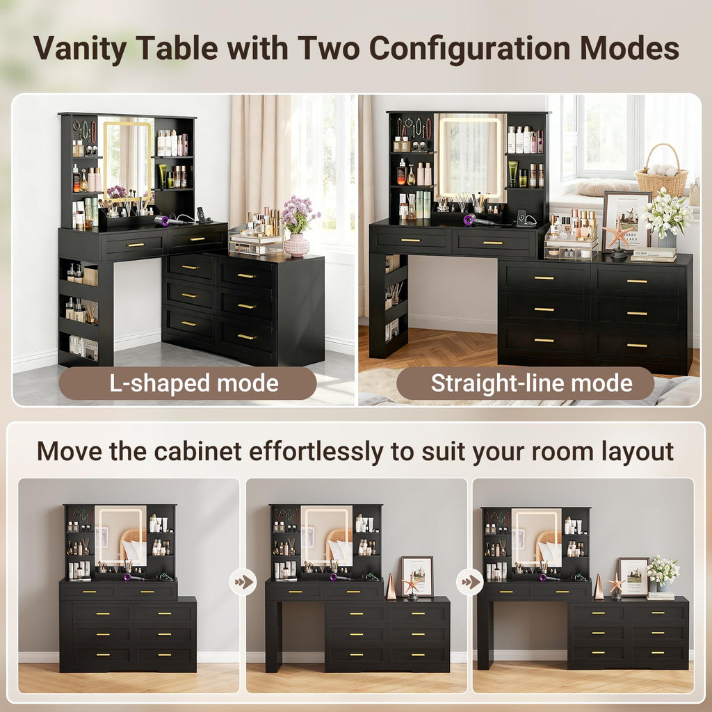 Black Makeup Vanity Desk with Mirror and Lights C3525