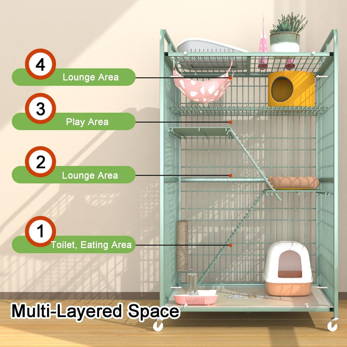 4-Tier Metal Wire Cat Cage with Wheels C989