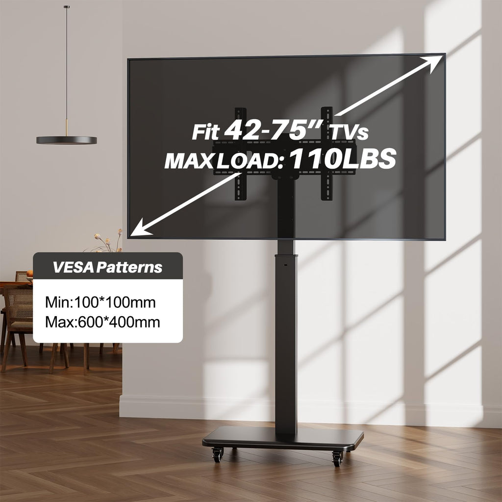 Mobile TV Stand on Wheels with 90° Swivel, Hand Crank Adjustable Height, for 42 to 75 inch TVs up to 110 lbs (Black) J615273