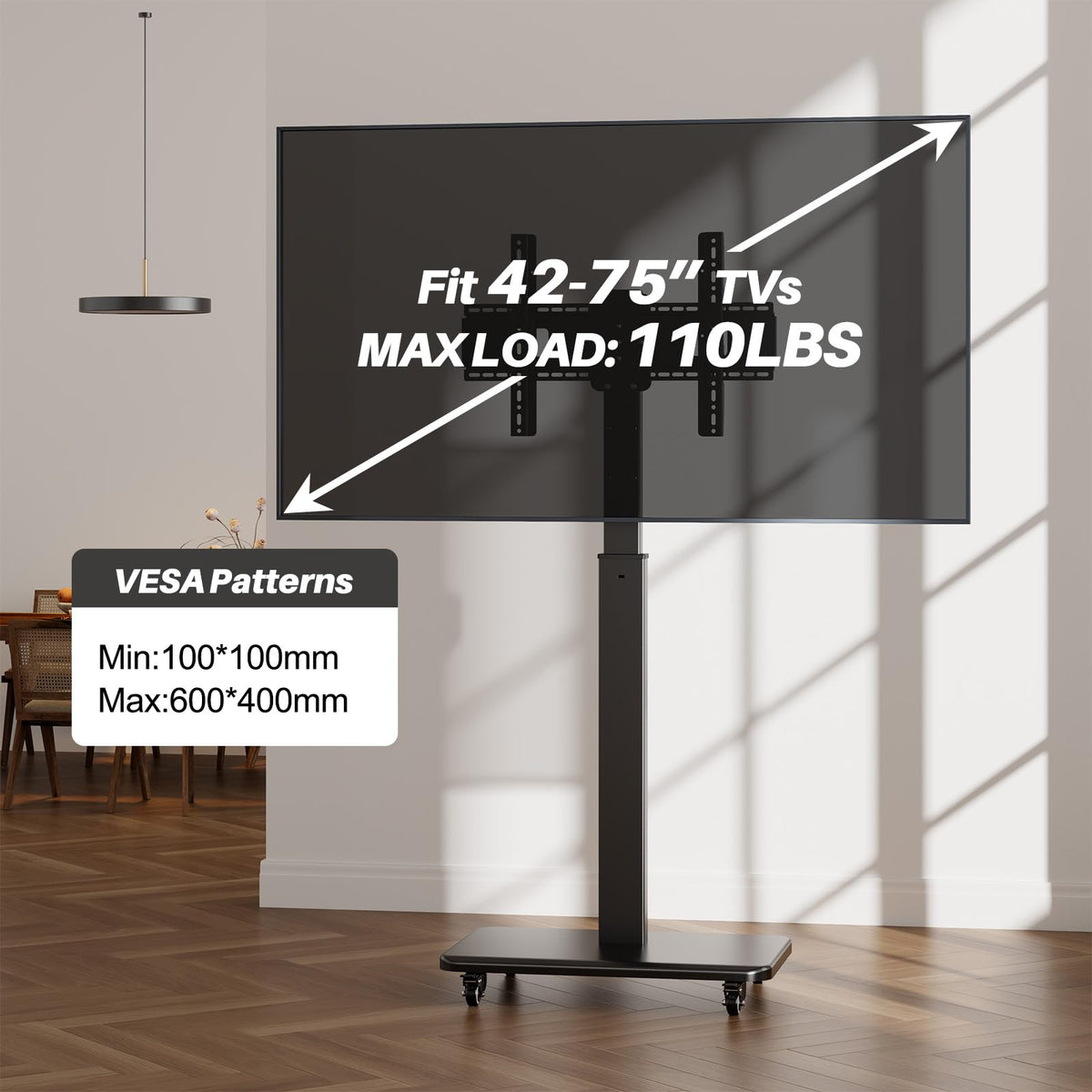Mobile TV Stand on Wheels with 90° Swivel, Hand Crank Adjustable Height, for 42 to 75 inch TVs up to 110 lbs (Black) J615273