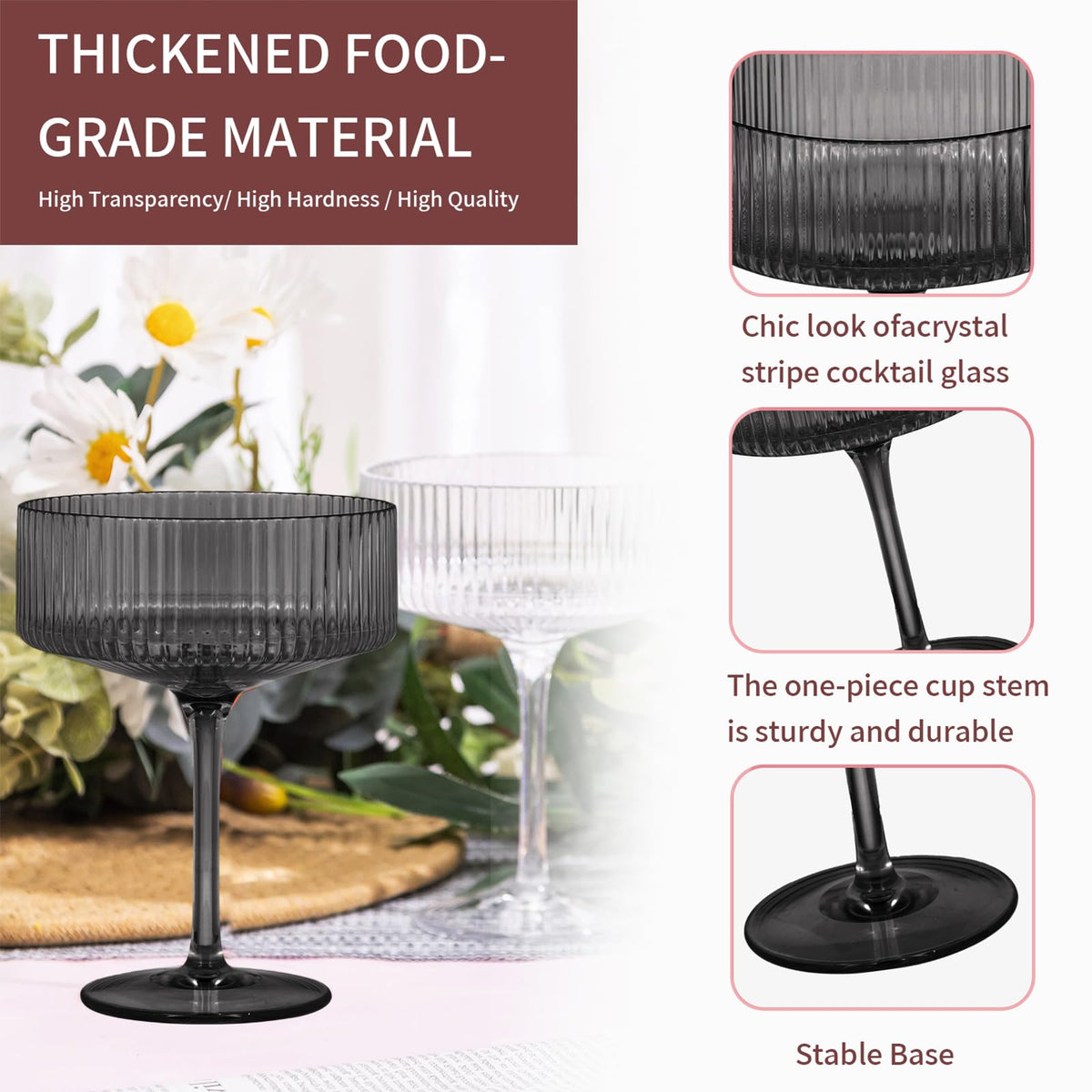 6 Pieces 10.5oz Black Ribbed Acrylic Cocktail Glasses Z8491