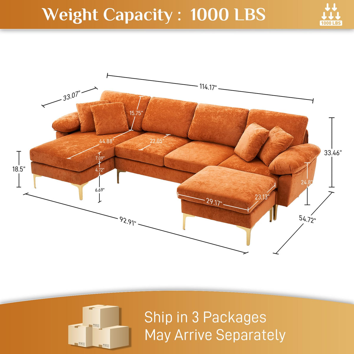 114" U-Shaped Velvet Sectional Couch with Ottoman O4419