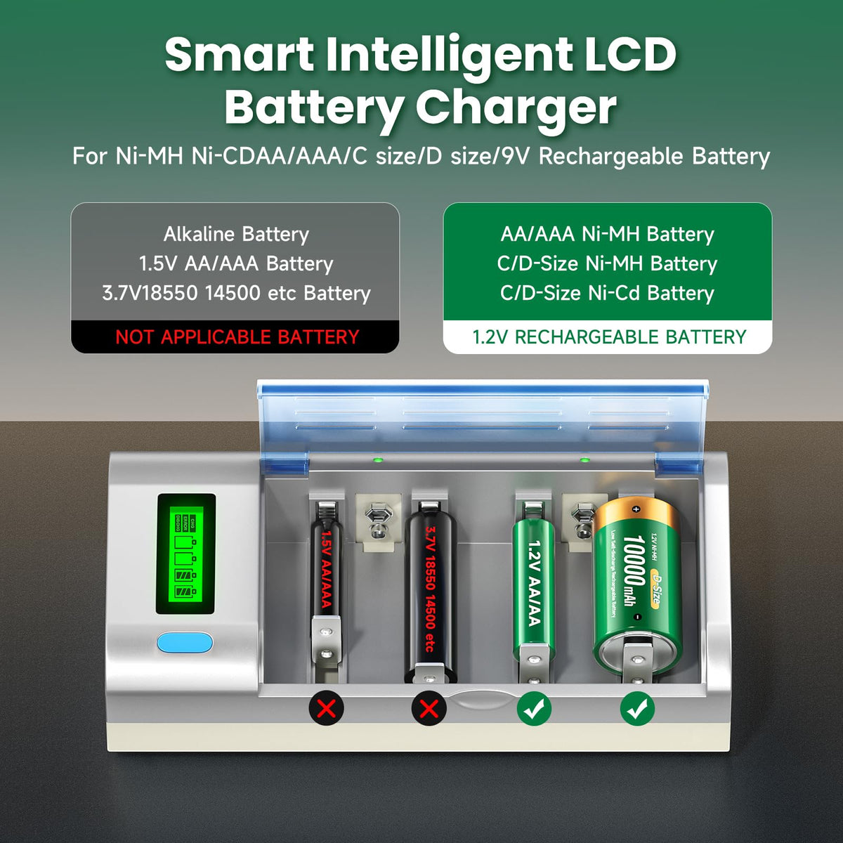 10000mAh Rechargeable D Batteries 6 Counts and Universal Battery Charger N81952
