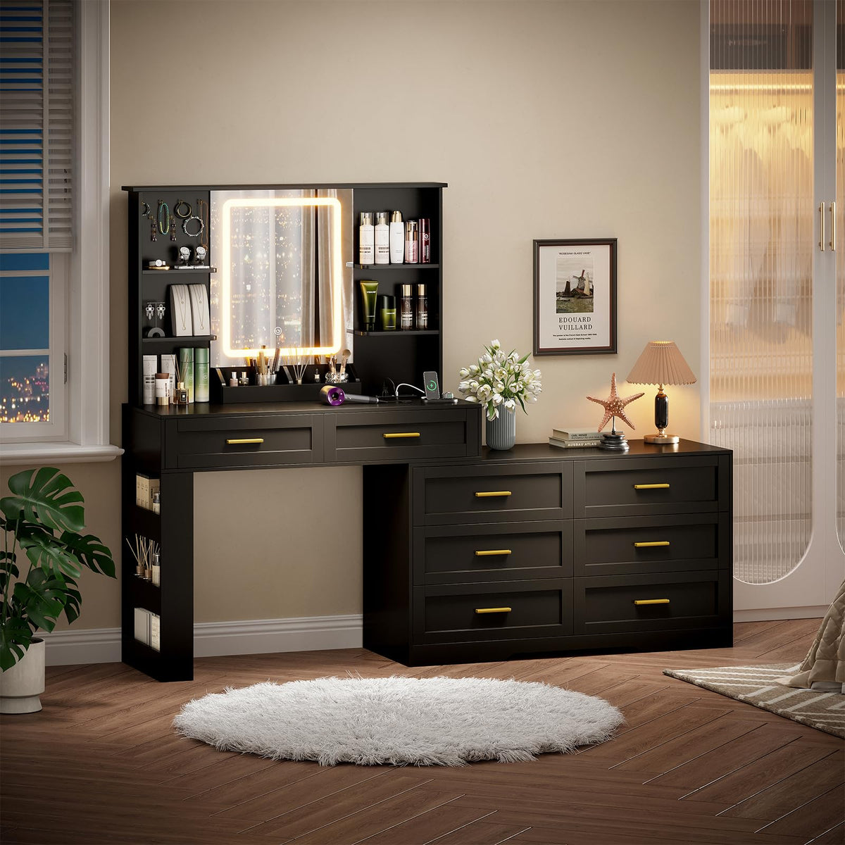 Black Makeup Vanity Desk with Mirror and Lights C3525