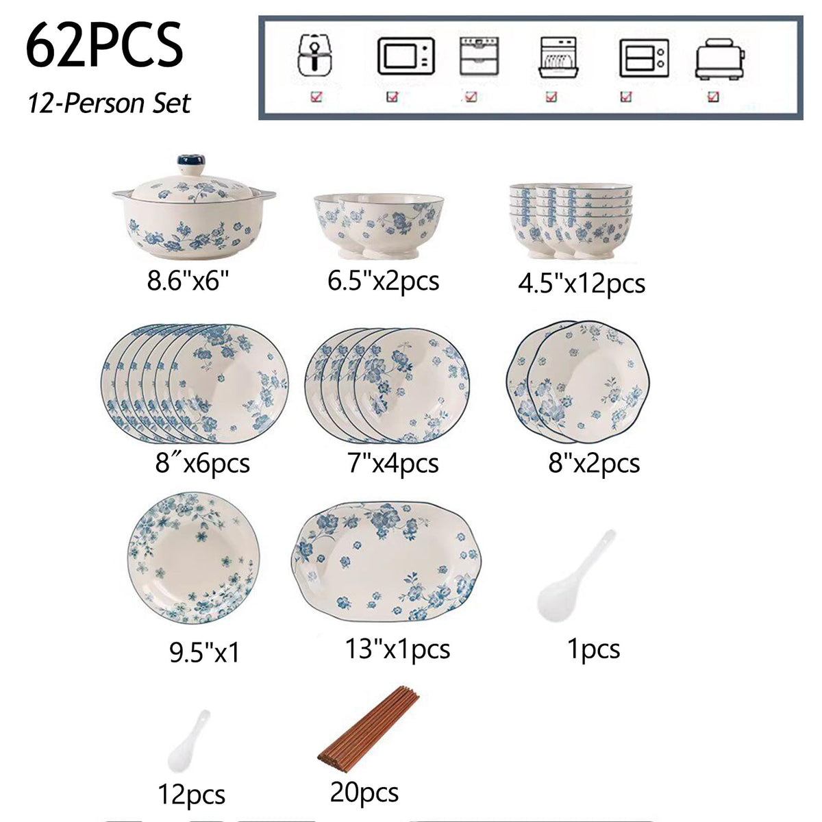 Blue Floral 62PCS Ceramic Dinnerware Set O1209