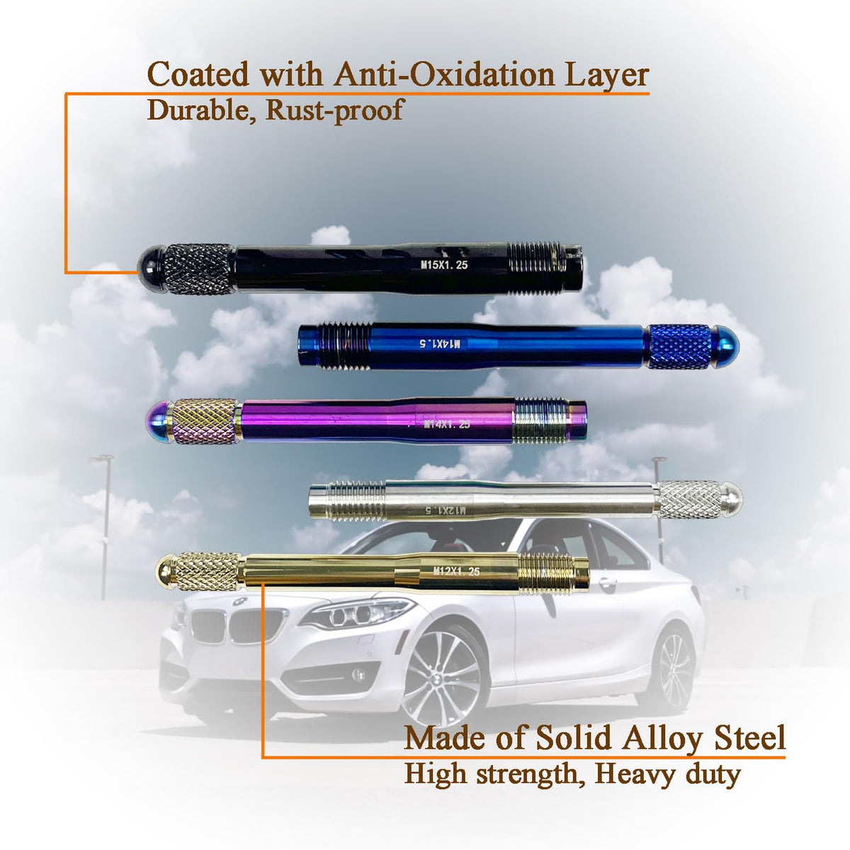10PC Alloy Steel Wheel Alignment Pins Kit M12x1.5/1.25/M14x1.5/1.25/M15*1.25 Lug Bolt Guide Tool X8907