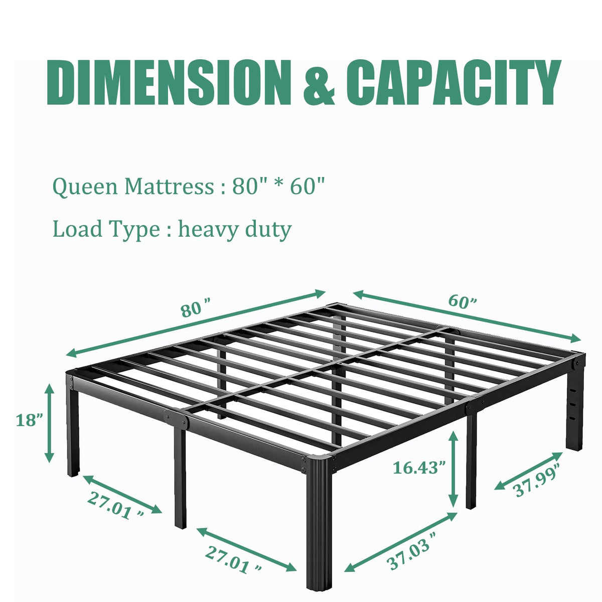 18 Inch Metal Bed Frame Queen Size Black G38681