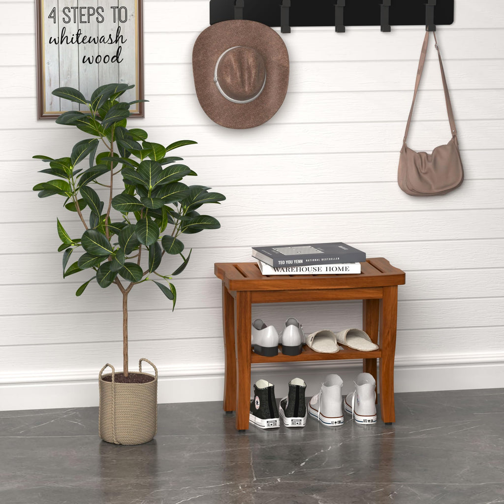 Teak Shower Bench Stool with Storage Shelf H709671