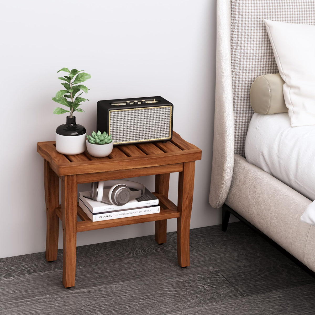 Teak Shower Bench Stool with Storage Shelf H709671