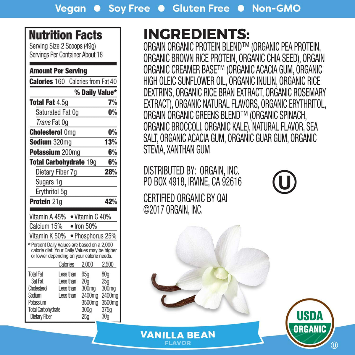 Organic Vegan Protein Powder + Greens, Vanilla Bean, 21g Plant Based Protein, 1.94lb O682